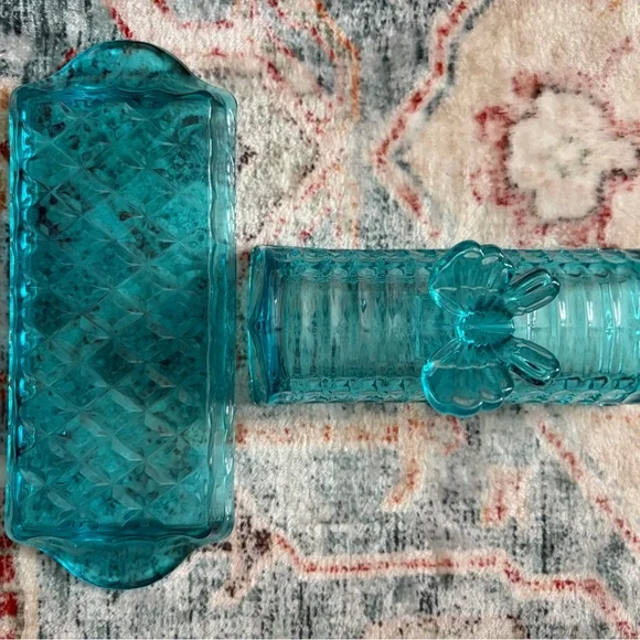 Vintage Teal Butterfly Glass Butter Dish - Picture 7 of 8